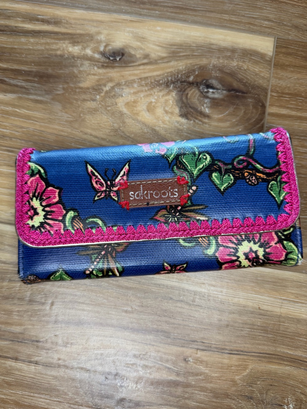 Sakroots Blue Floral Wallet with Pink Trim